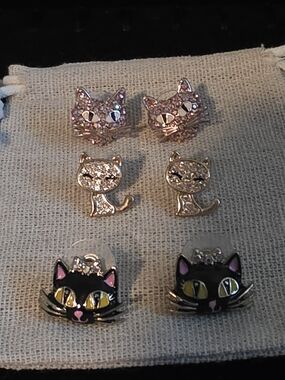 Betsey Johnson Pink Glitter, Gold Tone & Black Cat Stud Earring Set